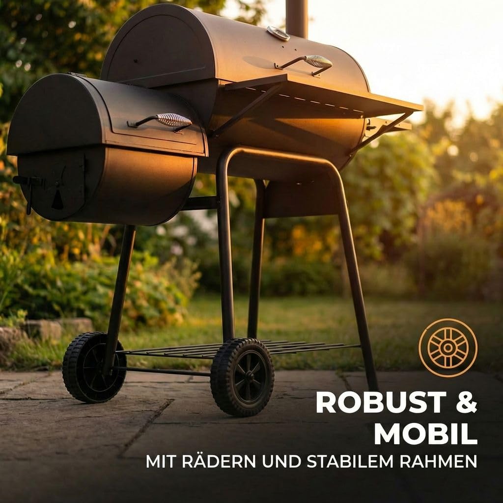 Lugia Holzkohlegrill mit Smoker – XXL Grillwagen 66x41 cm – BBQ Grill mit Deckel, Thermometer, Warmhalterost, Seitentisch & Flaschenöffner – Offset Smoker für Garten & Terrasse