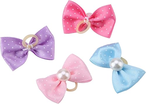 Fydun Blue and Pink, Akozon 20pcs Small Dog Puppy Dots Faux Pearl Bow Pattern Hair Rope Hair Band for Dogs Cats