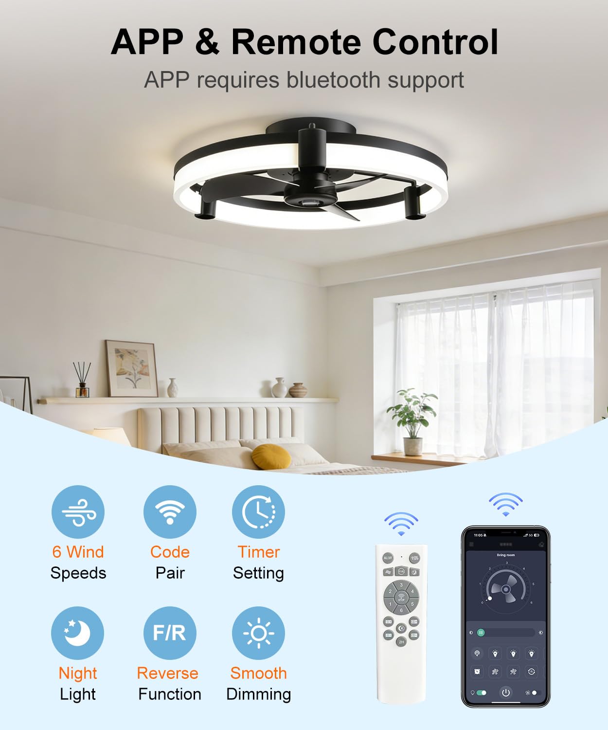 Ventilateur de Plafond Lumiere et Bluetooth APP Contrôle et Telecommande 50CM, Plafonnier Ventilateur avec 6 Vitesses et vent Réversible Dimmable LED, Timing, Mode Veilleuse, Fonction Mémoire