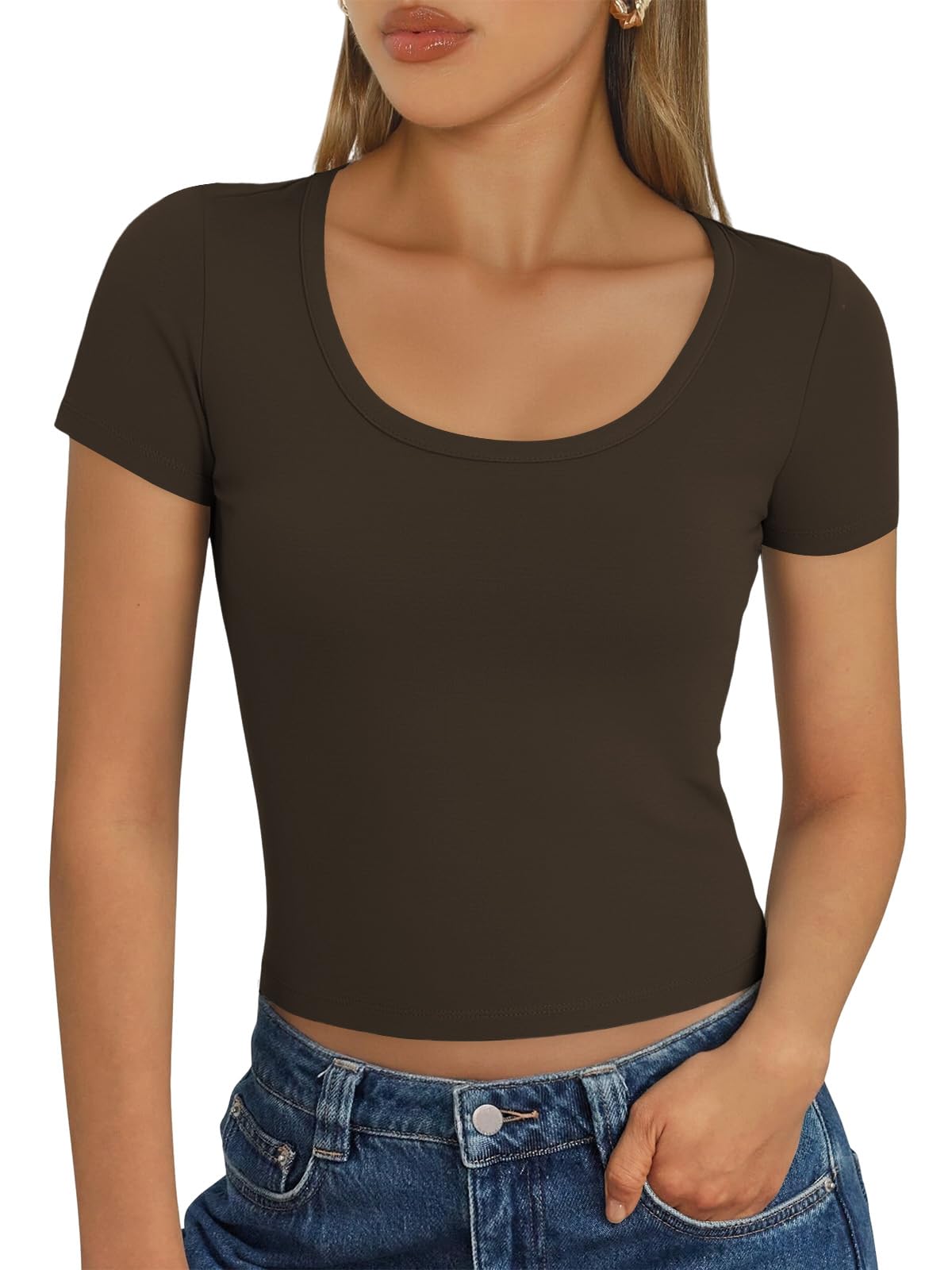 Cuptacc Tshirt Damen Kurzarm U Ausschnitt Oberteile Slim Fit Basic Shirt Damen Elegant T-Shirt Sommer Stretch Crop Top
