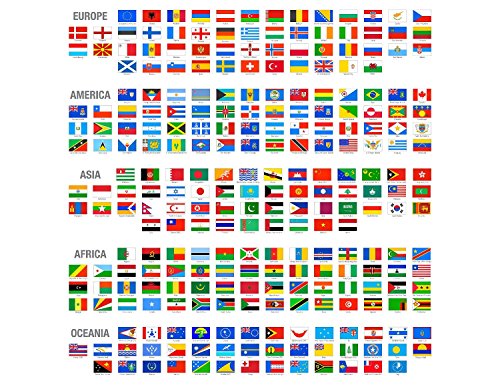 OFA Prints Poster mural des drapeaux du Monde par continent (Europe, Amérique, Asie, Afrique et Océanie) avec noms des pays, Taille maxi 59 x 59 cm