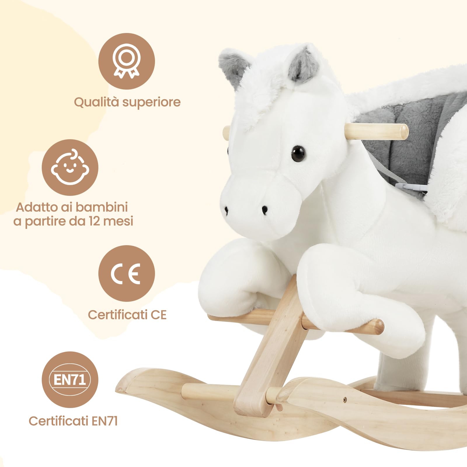 WOLTU Cavallo a Dondolo in Legno per Bambini 1-3 Anni, Cavalluccio in Peluche Cavalcabile con Suoni, Cintura di Sicurezza e Schienale Alto, Giocattolo Regalo per Bambino e Bambina, Bianco e Grigio