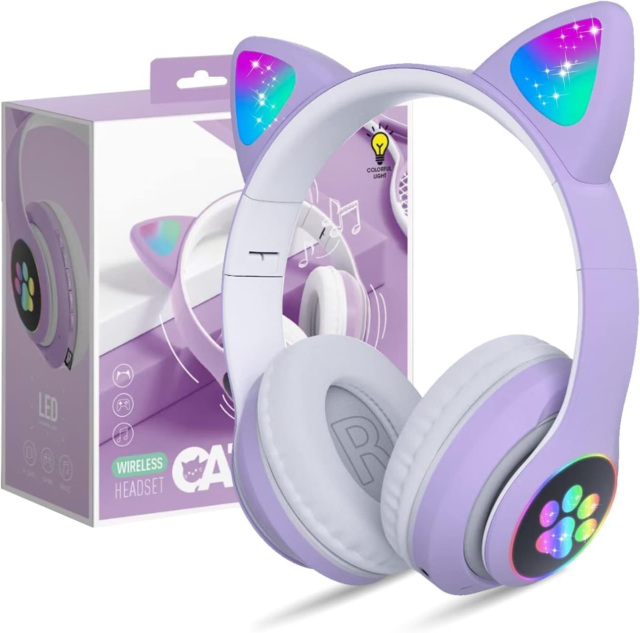 Happy Hues® Wireless Headphones Cute Cat Ear Headset with LED Lights, Noise Cancelling Stereo Gaming Headphones, Fashion Bluetooth (5.0) Headset Wearing for Kids and Adults (Purple Cat Ear) (B0D3PWZXD6) Amazon Price History, Amazon Price Tracker