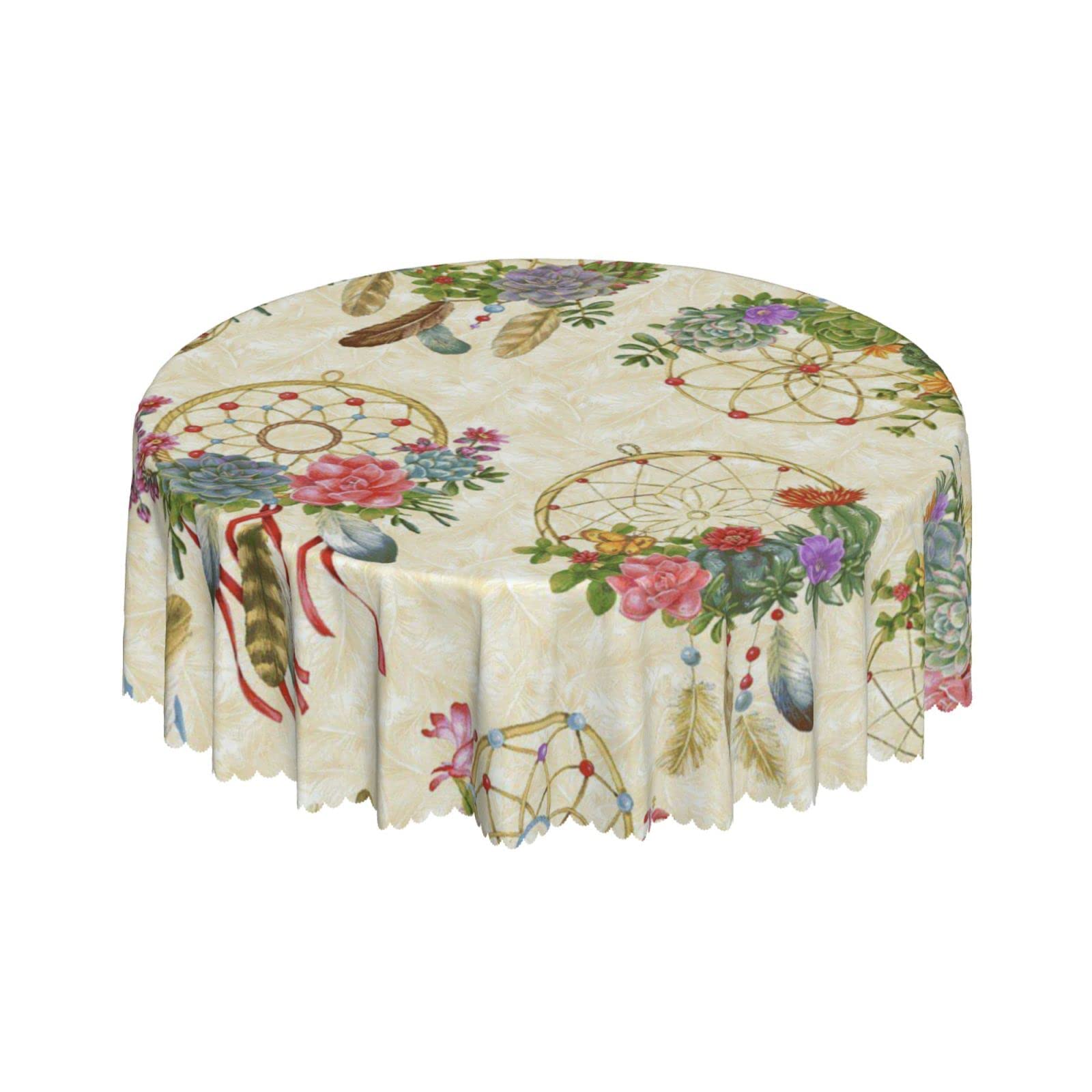Lsjuee Dreamcatchers Floral Feather Tribe Round Tablecloth 60 Inch Printed Washable Tablecloth for Dining Party Holiday Fall Home Decorative