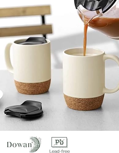 Miniatura 5 de DOWAN Juego de 2 tazas de café, tazas de cerámica de 15 onzas con parte inferior y tapa de corcho, taza de café grande con asa, juego de tazas de