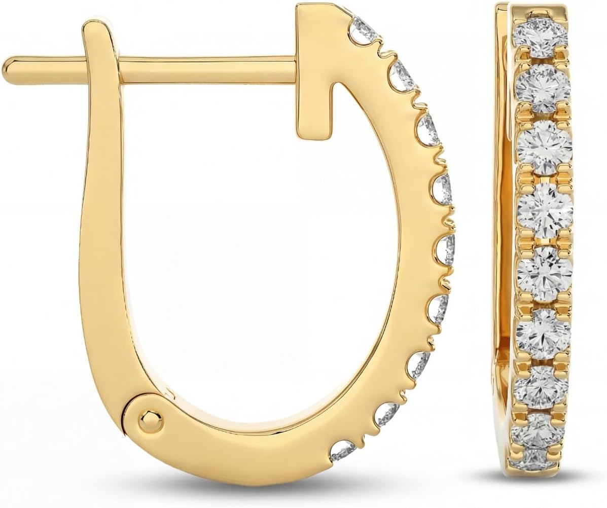 PRIVOSA — Diamond Hoop Earrings for Women 14K White and Yellow Gold - Natural Round Brilliant Huggie Hoops - Small Lightweight - Real Fine Jewelry Gift Her