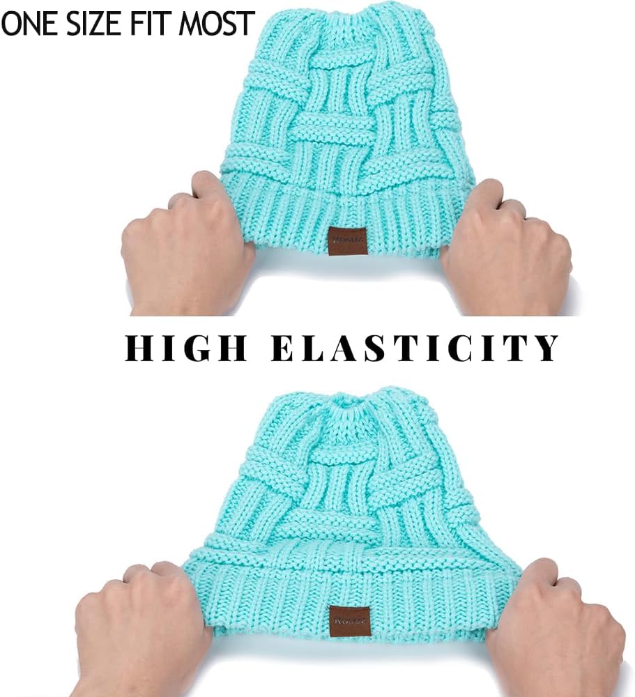 Rosoz Womens Ponytail Beanie Winter Beanie Hat Ponytail Hatfor Women Tail Stretch Cable Knit Cap Messy High Bun Hat - Image 2
