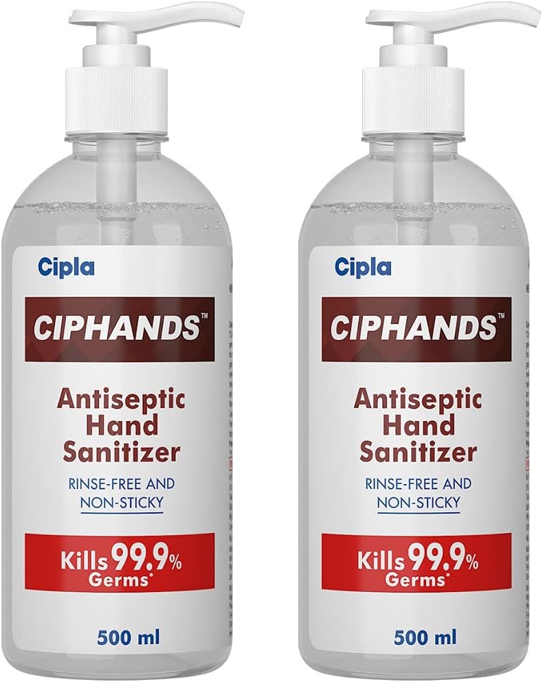 Cipla Ciphands Antiseptic Instant Protection Hand Sanitizer Gel | 72% Alcohol Based | Kills 99.99% Germs | Rinse Free and Non-Sticky | 500 ML (Pack of 2)