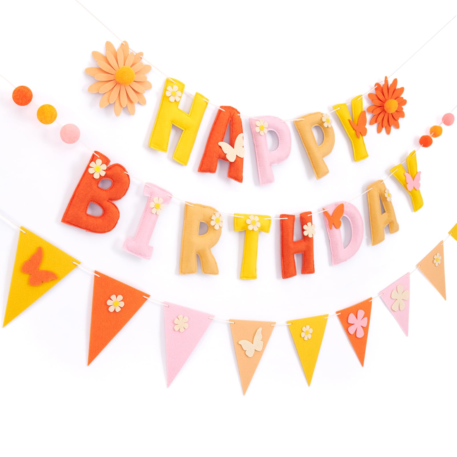 SUNBEAUTY Happy Birthday Banner with Daisy,Colorful Bunting 3D Felt Birthday Garland with Pom Pom DIY Stickers Butterfly Pink Orange Wildflower Decorations for Spring Garden Party Baby Shower