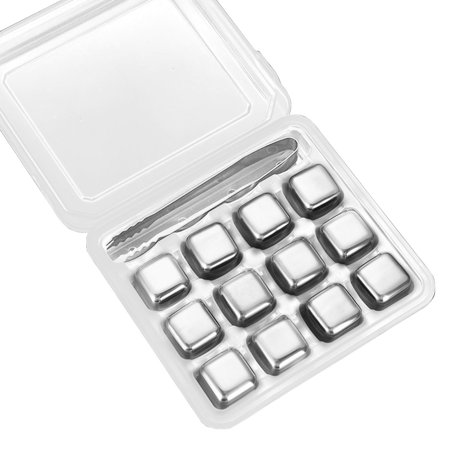 MALSSE 12 Pack Wine Accessories 304Stainless Steel Ice Cubes with Tongs Chilling Ice Metal Suitable for Beverages Wine Stone