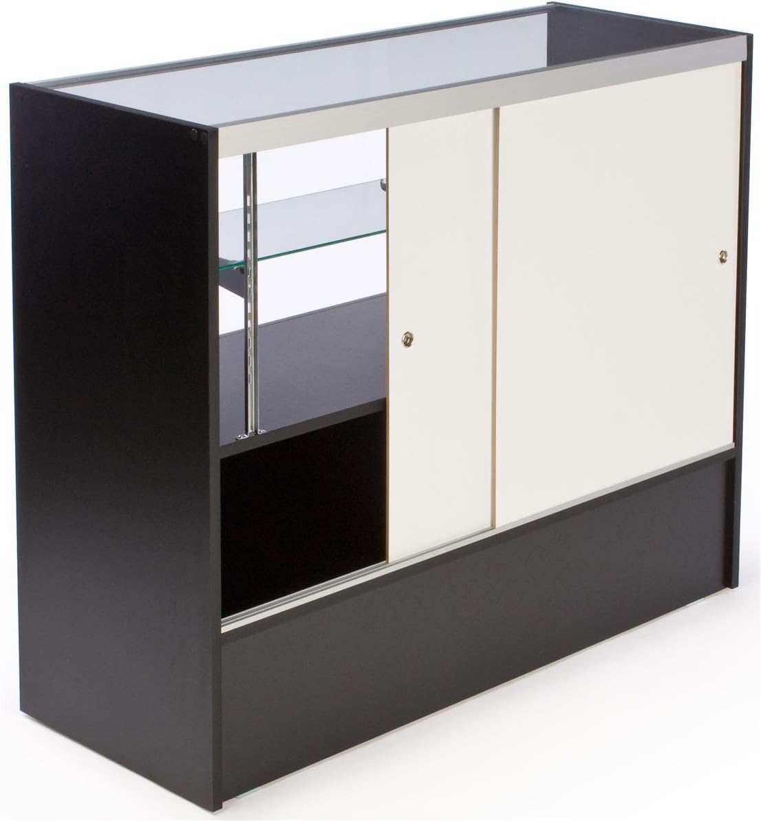 Black Melamine Free-Standing Display Cabinet, 48 x 38 x 18-Inch, Includes Base Cabinet for Additional Storage