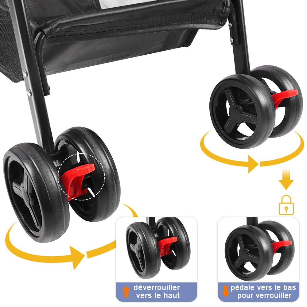 OHMG Faltbarer Buggy für Tiere, faltbar, für Hunde und Katzen, Getränkehalter, Aufbewahrungskorb, inklusive Rollen mit Bremse, 600D Oxford-Stoff, mit abnehmbarer Babywanne, faltbare Transportbox