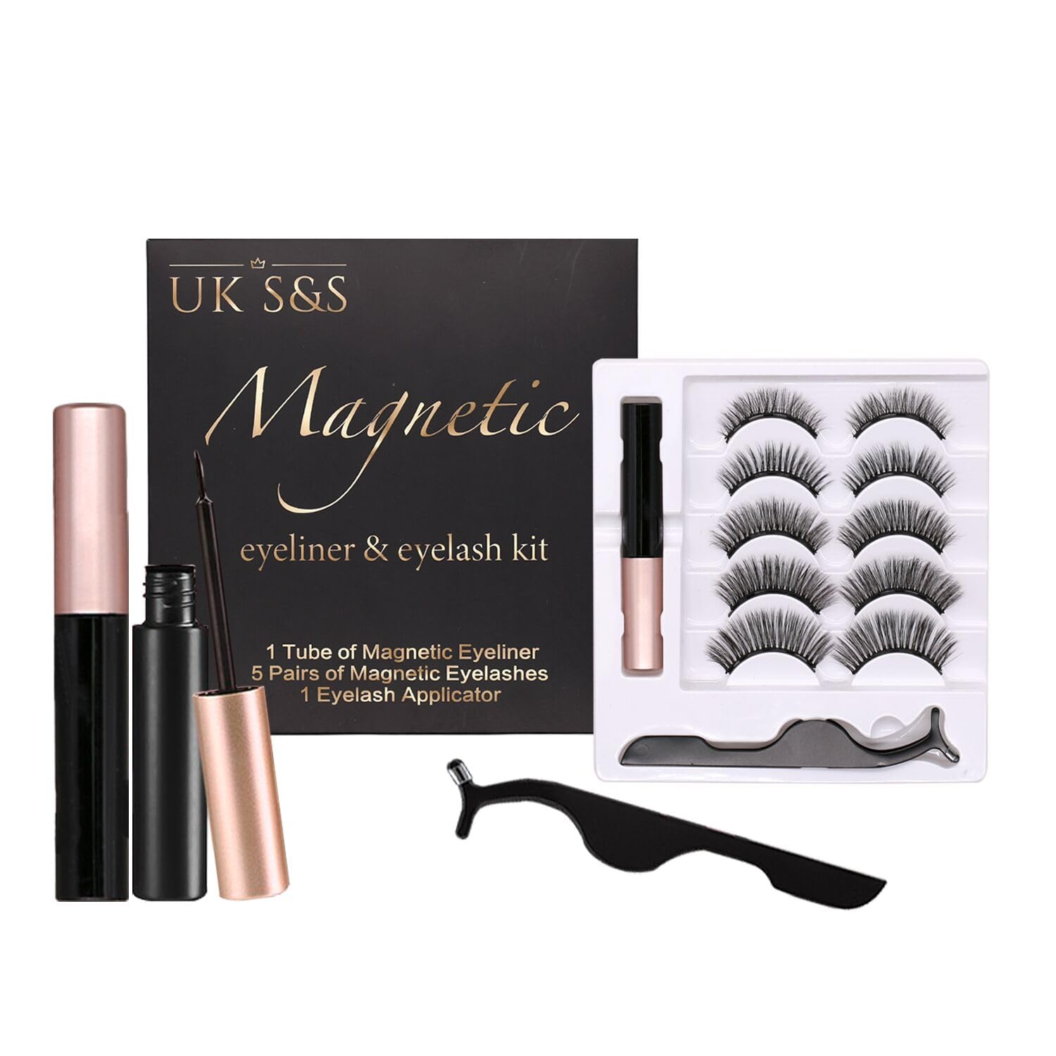 Magnetic eyelash and eyeliner kit, 1 Tube of Magnetic Eyeliner, 5 works of Magnetic Eyelashes, 1 Eyelash Applicator