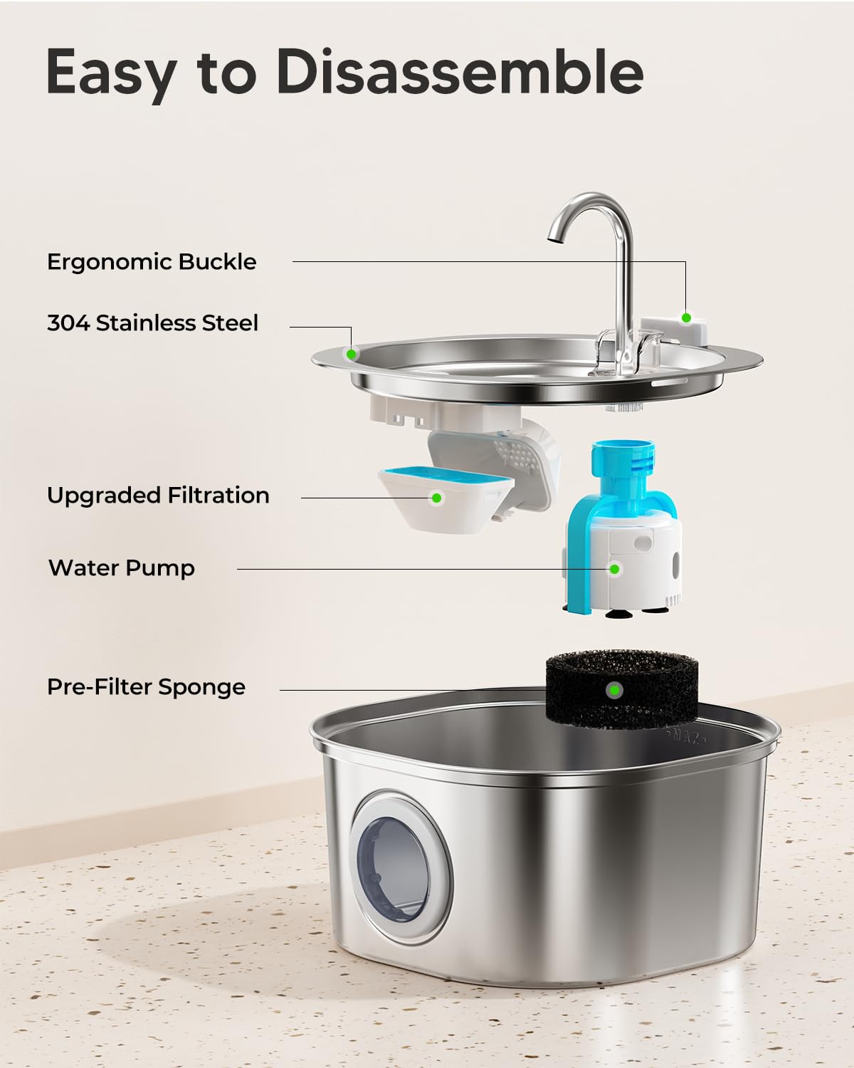 PEKTACO Fuente de Agua para Gatos, Fuente de Agua para Mascotas para Gatos/Perros en Interiores, Fuentes de Agua para Gatos de Acero Inoxidable con Ventana de Nivel de Agua (3.2 L/108 onzas)