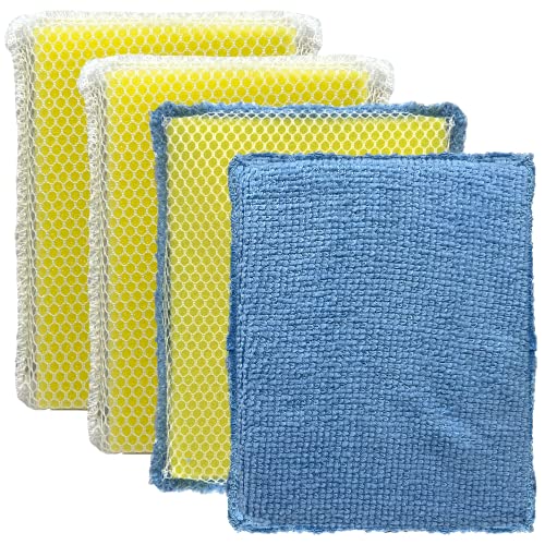 Image of LOLA Microfiber & Nylon Net Sponges, 4 Pack, 2 Dual Sided Non Scratch Sponge Pads & 2 w /Microfiber Cloth One Side and Netting on the Other Side