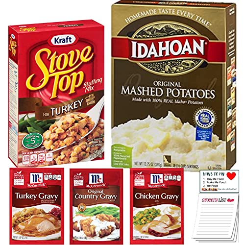 Instant Mashed Potatoes Stuffing and Gravy Bundle with Idahoan Mashed Potato and Stove Top Stuffing Turkey with Gravy Mix\'s accompanied by Snack Fun Shopping Pad