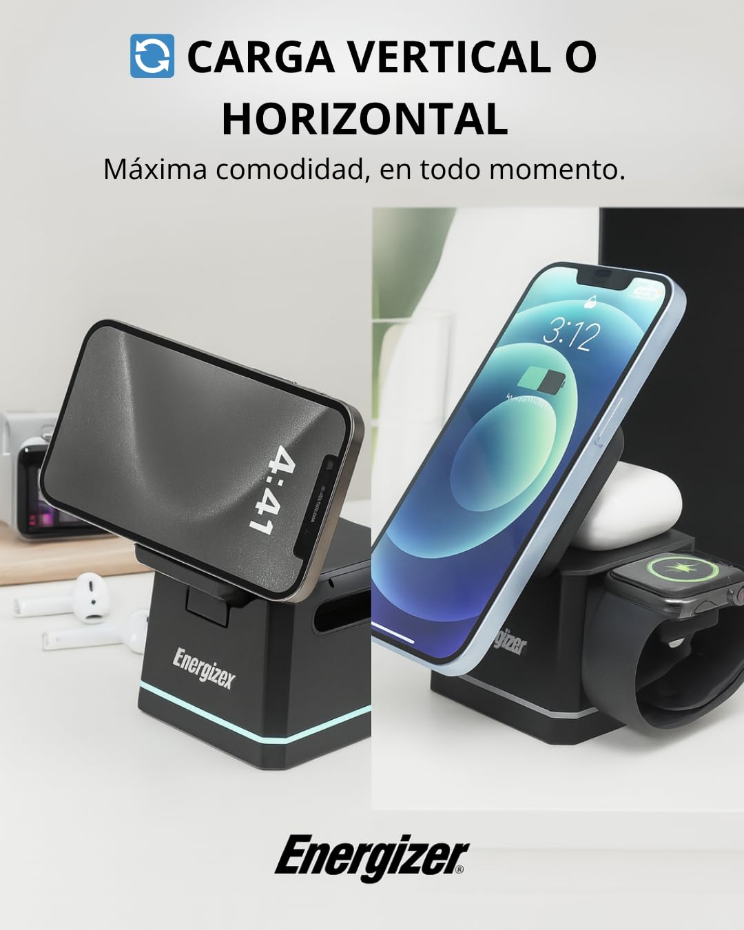 Energizer WCP307 3-1 Cargador de escritorio inalámbrico de 15 W | Carga rápida para smartphone, auriculares y Apple Watch, compatible con MagSafe, soporte plegable con soporte ajustable, USB-C, seguro