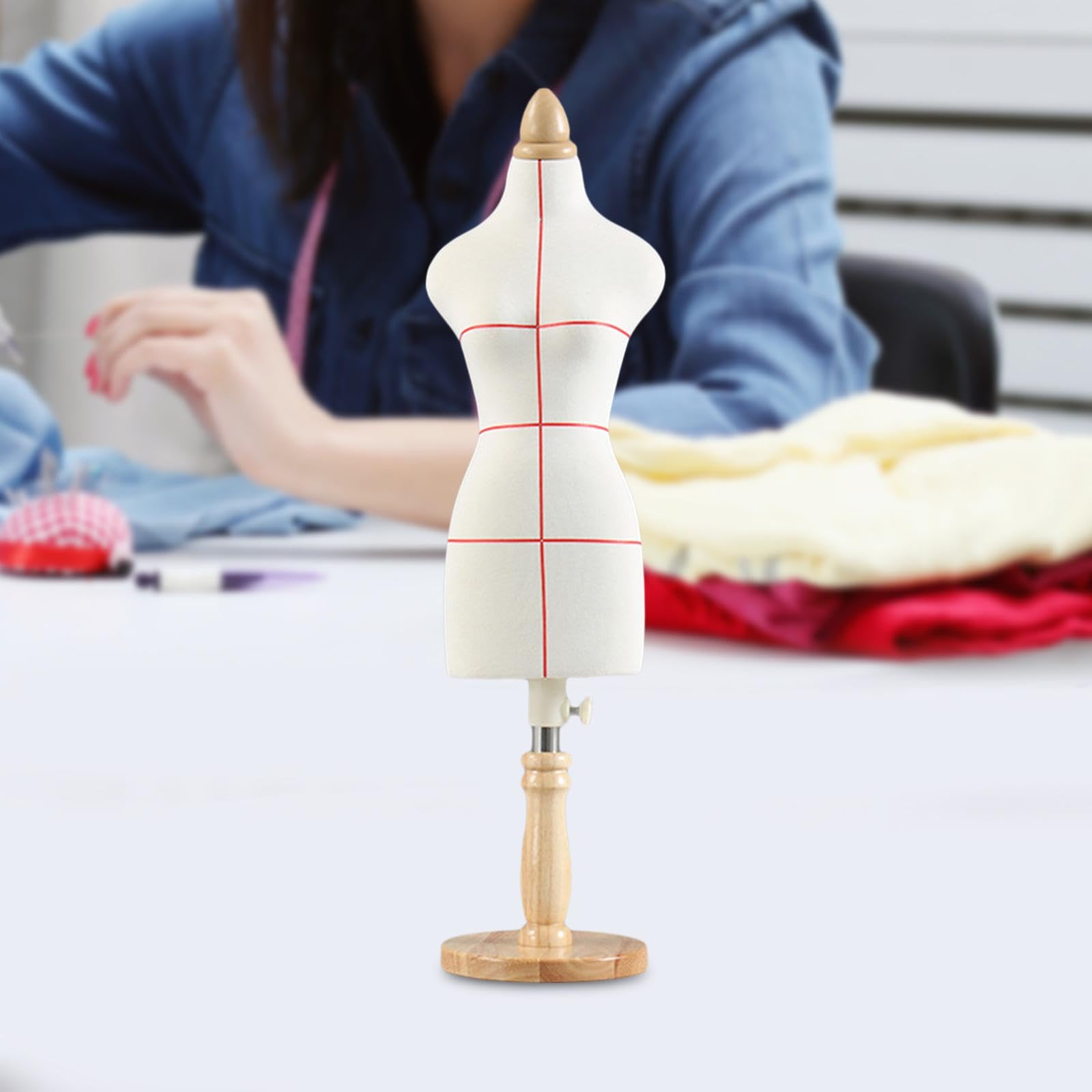 Miniatur Kleidungsform Weiblich Schneiderbüste Puppenmannequin Mini Dressform Körper mit Stabilem Holzfuß Zum Nähen für Puppenbekleidung Schaufenster, 46 cm mit Linie
