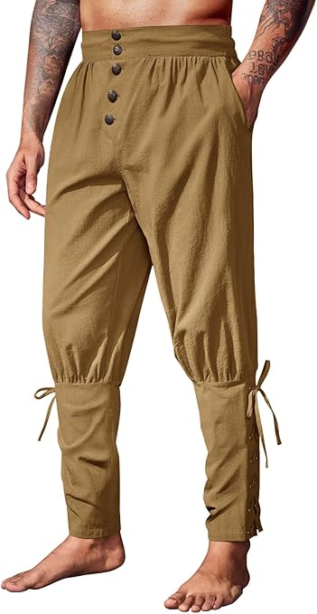 Runcati Mens Medieval Pirate Pants Renaissance Ankle Banded Viking Ren Faire Pants Lace Up Halloween Costume Trousers