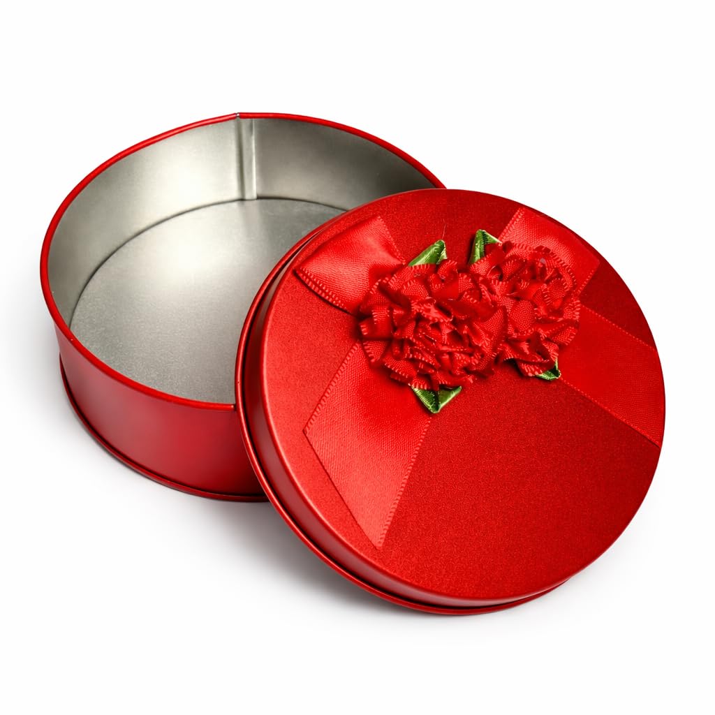 round red metal gift tin box with decorative satin ribbon & flower | premium empty storage box for chocolates, cookies, dry fruits & gifts | birthday, wedding & festive gifting | pack of 1