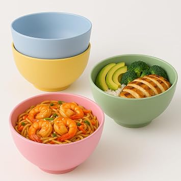 Vellichor Europe Set of 4 Unbreakable Colourful Bowls - 24oz Large Lightweight Plastic Bowls, Microwave & Dishwasher Safe, Perfect for Breakfast, Salad, Pasta, Soup, and Noodles