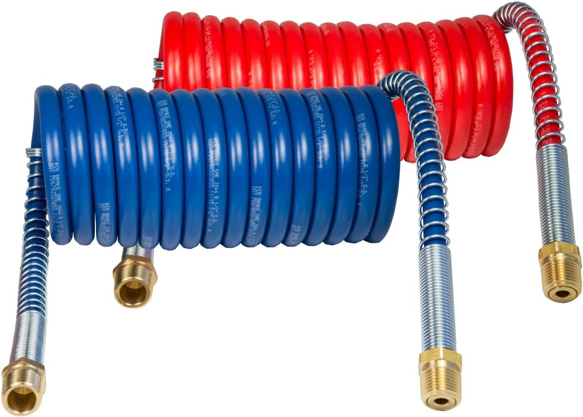 Tectran Industry Grade Aircoil Brake Assembly Set | 12" Pigtail Trailer End Lead | 1/2” NPT Fittings | Quick Installation | (Red & Blue Set, 8' Length x 12" Tractor Lead)