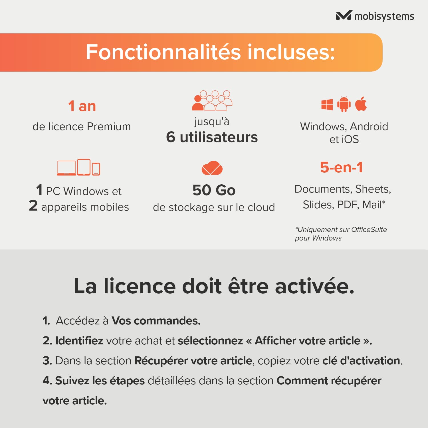 OfficeSuite Family | Pack office 5-en-1 | Documents, Sheets, Slides, PDF, Mail et Calendrier | Licence d'un an | 1 appareil Windows et 2 appareils mobiles | 6 utilisateurs [Code en ligne]