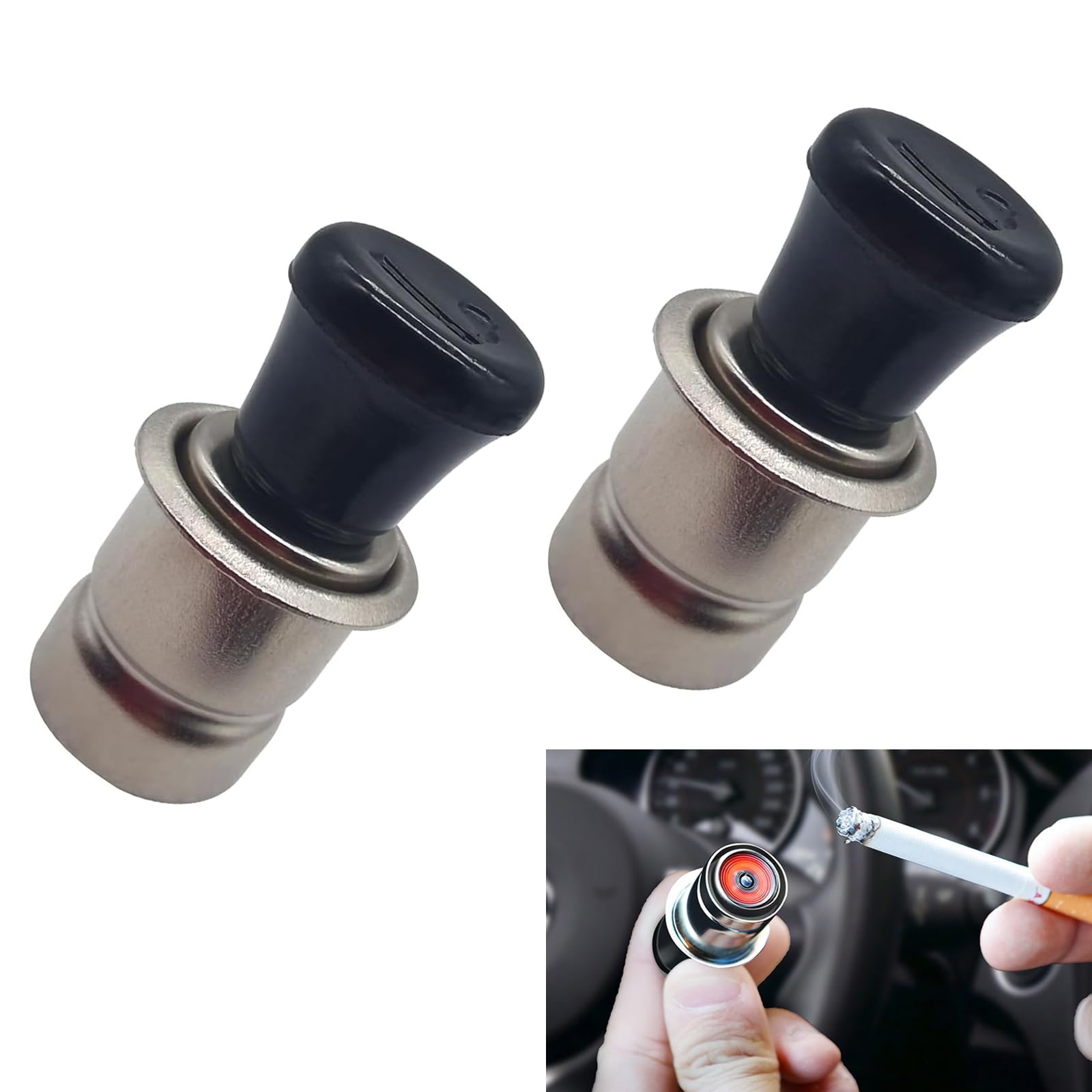 Pack-2 Pop-up Car Cigarette Lighter Socket - 12V Waterproof Metal Single Head Vehicle Universal 0.82" x 1.81" Extreme Speed Hot Spot (Black & Silver)