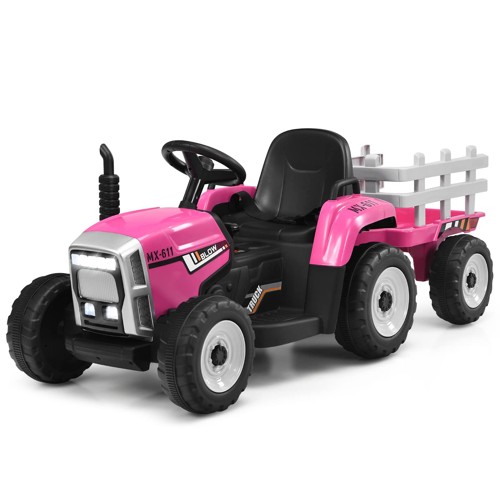 DREAMADE Tracteur Électrique Enfant 3+ Ans avec Remorque Tractopelle 12V Enfant Charge 30KG Tracteur à Pédales avec Télécommande&Musique&Lumières LED&Klaxon (Rose)