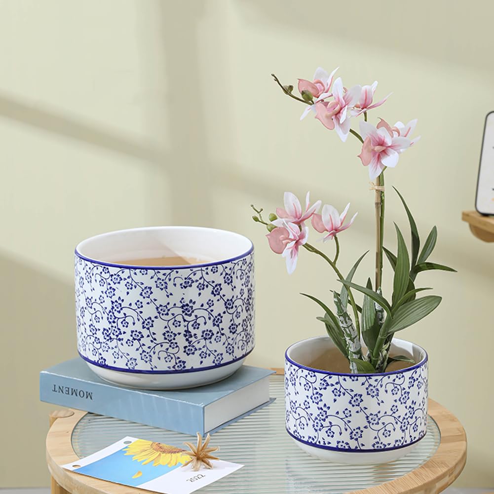 2er-Set Blumentöpfe Aus Keramik – Blau-weißes Design Mit Untersetzern