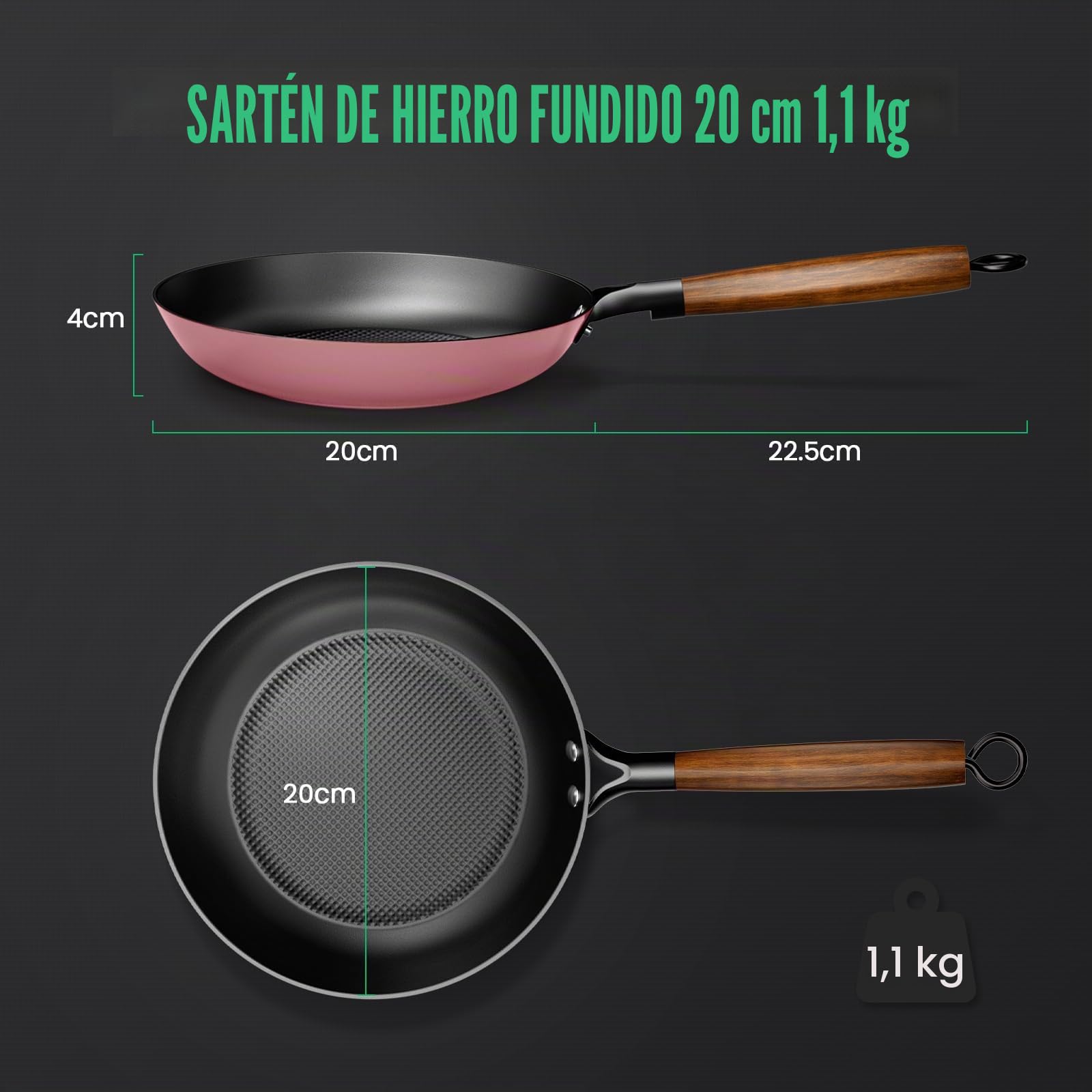 YUTANN Sartén de Hierro Fundido 20 cm Pre-sazonada Apta para Inducción y Horno, Antiadherente, Distribución Uniforme del Calor para Freír, Asar y Cocinar