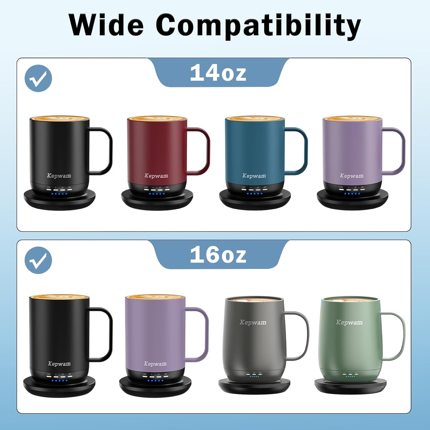 Kepwam Mugs with Lids, showing 14oz and 16oz compatibility