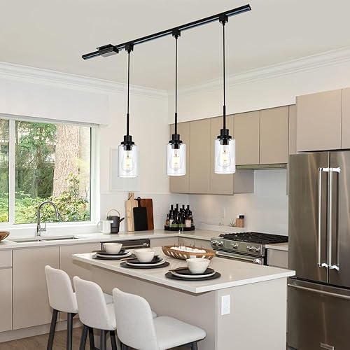 Miniatura 3 de WINSHEN Paquete de 3 colgantes de iluminación de riel tipo H, lámparas colgantes de montaje en techo negro con pantalla de vidrio transparente,