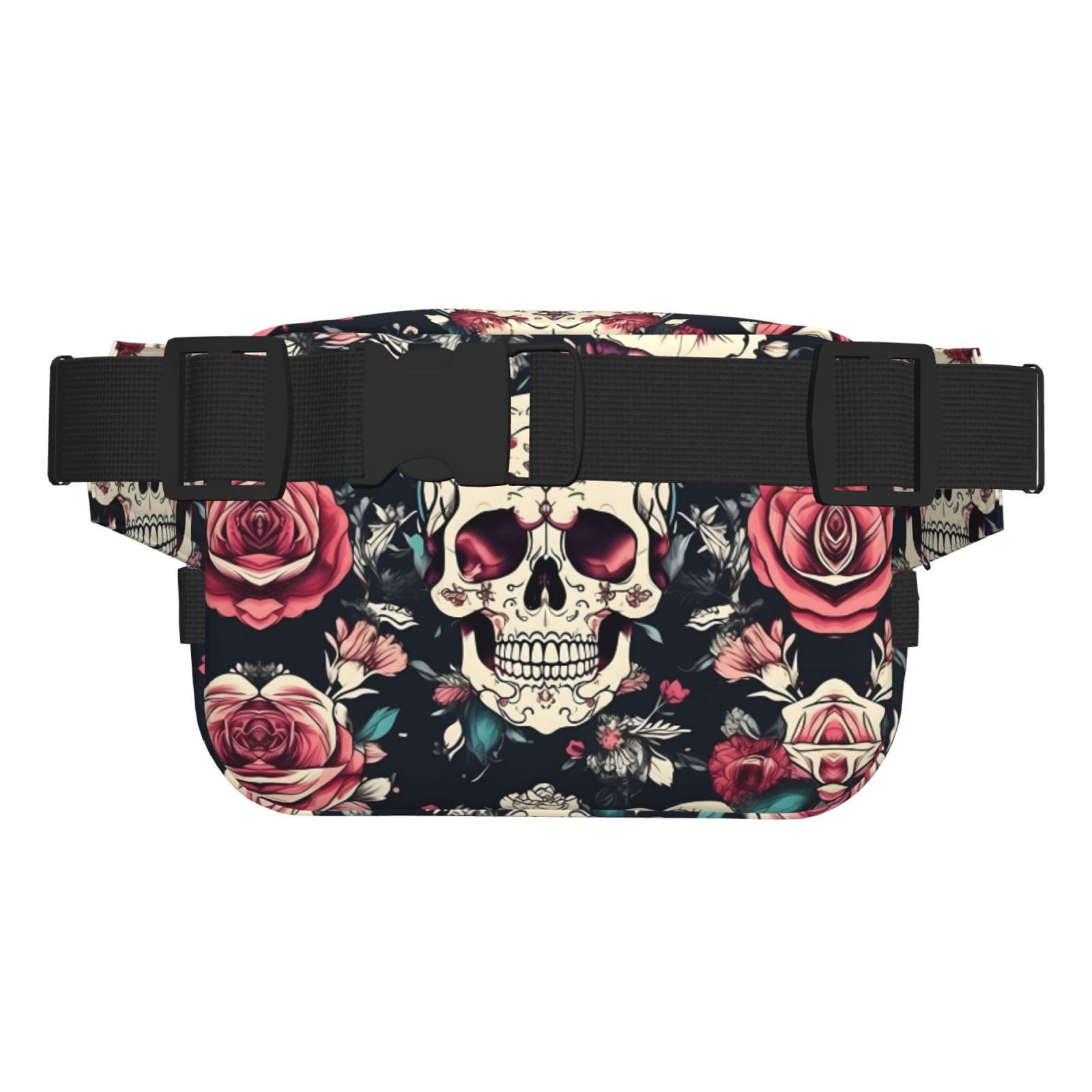 Kwiaty, czaszka, ozdobny, zamek błyskawiczny, saszetka, torby crossbody z regulowanym paskiem do joggingu, jazdy na rowerze, Czarny, Jeden rozmiar