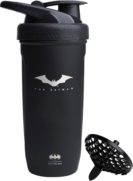 Smartshake DC Comic Bundle - Batman Protein Shaker Bottle 900ml Leakproof Stainless Steel Water Shaker with 50g Protein Powder Storage Funnel