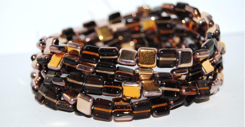 Outlet 10 Grams Flat Square Pressed Glass Beads, 8 x 8 mm, Mixed Colors Topaz Rose Gold Capri (mix-topaz-27101), Glass, Czech Republic