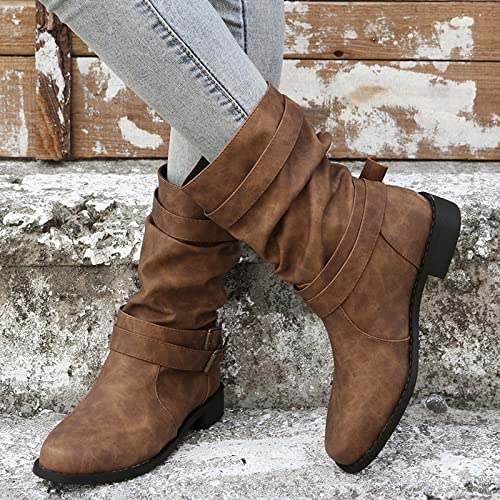 Women's Mid Calf Boots Chunky Low Heels Buckle Strap Fashion Boots Comfortable Pull On Motorcycle Riding Winter Boots (Brown,9) #TOP2