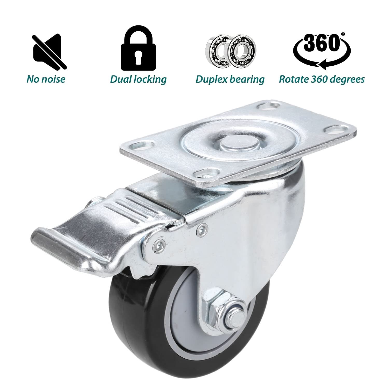 Image secondaire de Lot de 4 roulettes pivotantes avec frein - 75 mm pour meubles