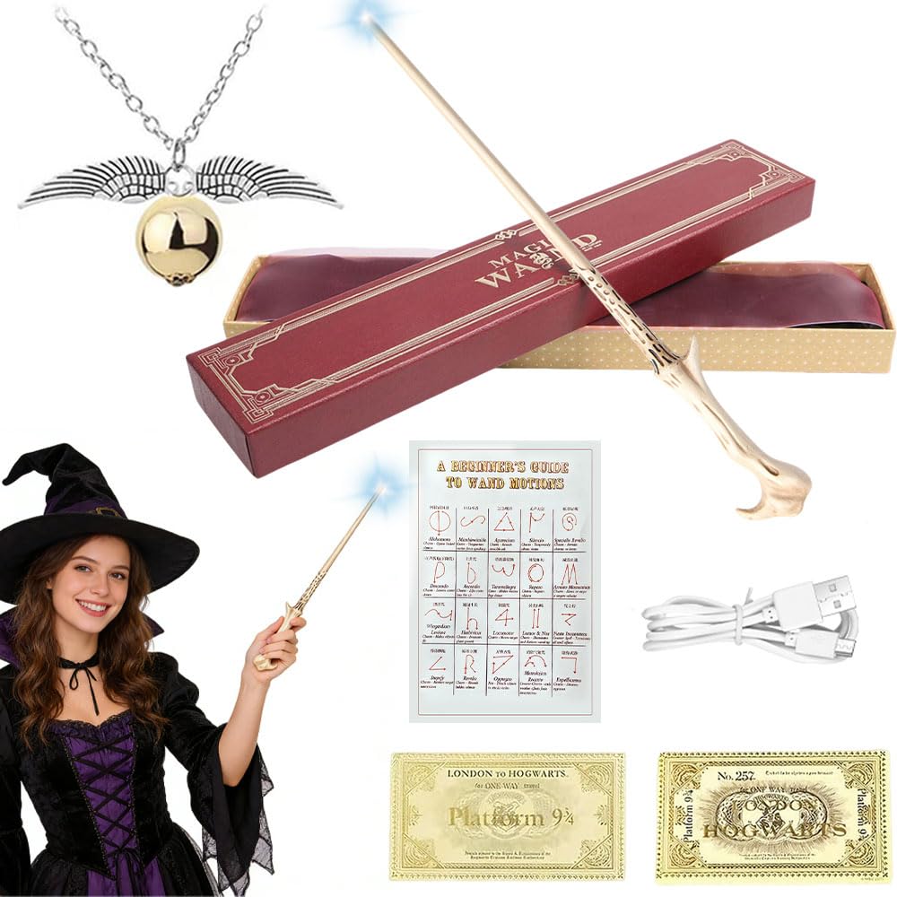 Voldemort Wand, 38CM Voldemort Magic Wand Light Up, USB Charging Glow Magic Wand, Hand Carved Wands in Gift Box Spell Card, Station Ticket and Necklace