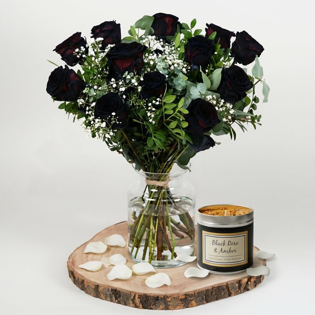 Fleur De Luxe Flower Of Love Black Fresh Flower Bouquet With Scented Candle Gift Set For Valentine’s Day Romantic Anniversary Birthday Present For Her Or Him
