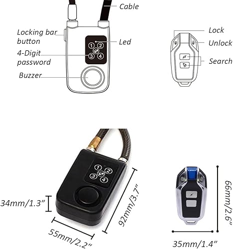 Miniatura 3 de Mengshen Cerradura de alarma para bicicleta, antirrobo inalámbrico para bicicleta, motocicleta, puerta, puerta, scooter, cochecito de bebé con cable