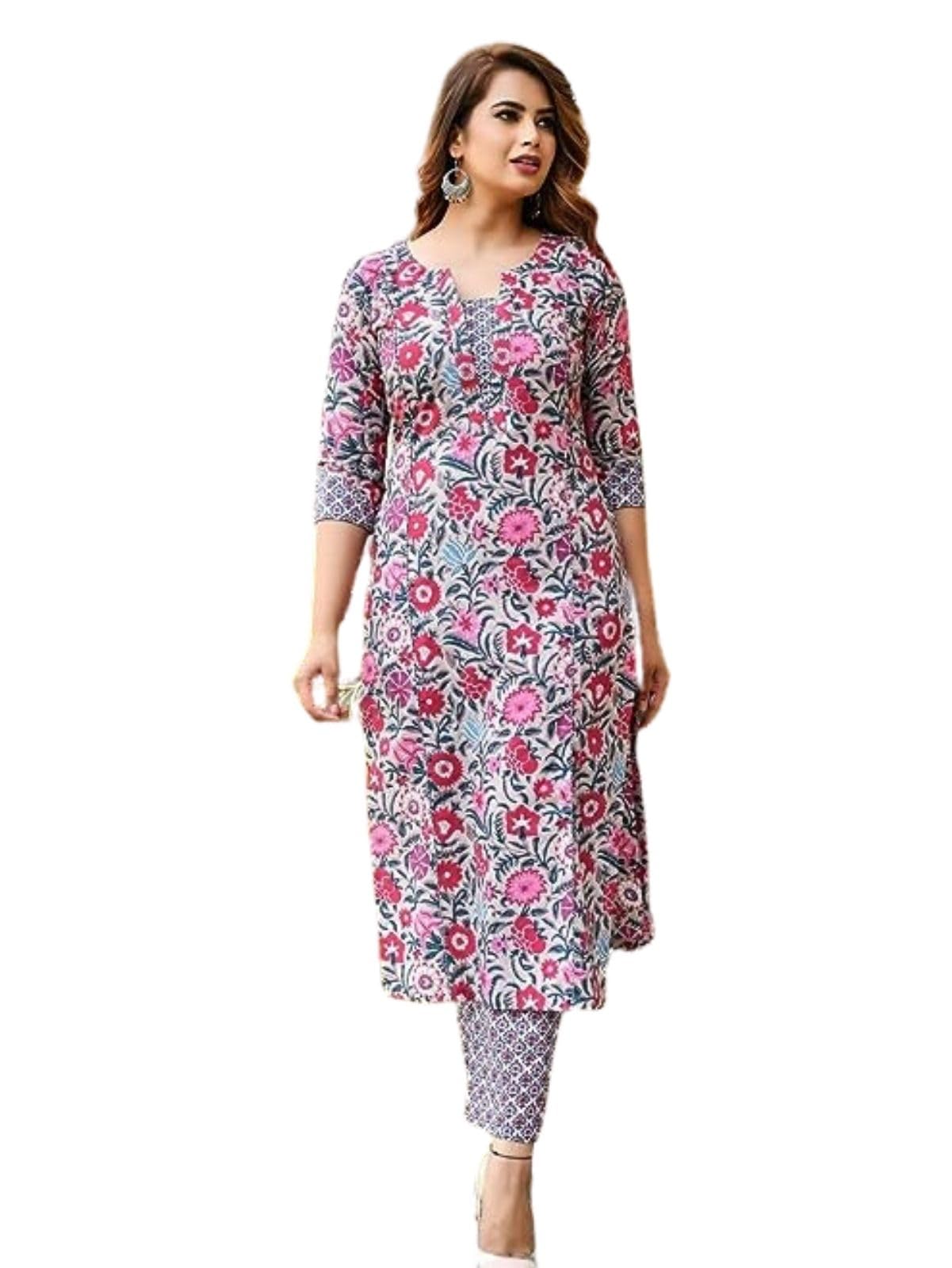 Greciilooks Women Cotton Blend Casual Regular Fit Kurta Set (Pink, Medium)