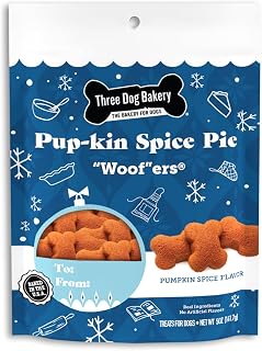 Three Dog Bakery Pup-Kin Spice Pie 'Woof'ers - Festive Treats With Pumpkin & Cinnamon for Thanksgiving, Biscuits for Training, Puppy Treats