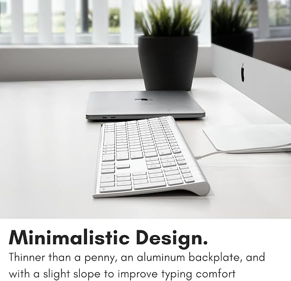Macally Ultra Slim USB Wired Computer Keyboard - Compatible Apple Keyboard or Windows - Full Size with 20 Mac Keyboard Keys -with Numeric Keypad - Silver Aluminum Finish