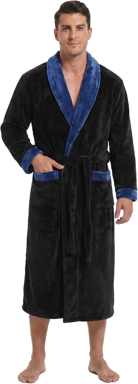 Vulcanodon Mens Robe Plush Fleece Shawl Collar Bathrobe Warm Soft Cozy Lounge Robe with Pockets