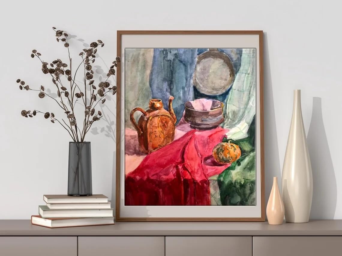 LTjiajuypd Copper Teapot & Pumpkin Watercolor Still Life Wall Print Decor Art For Kitchen Accent, Dining Room(60x90CM/Frameless)
