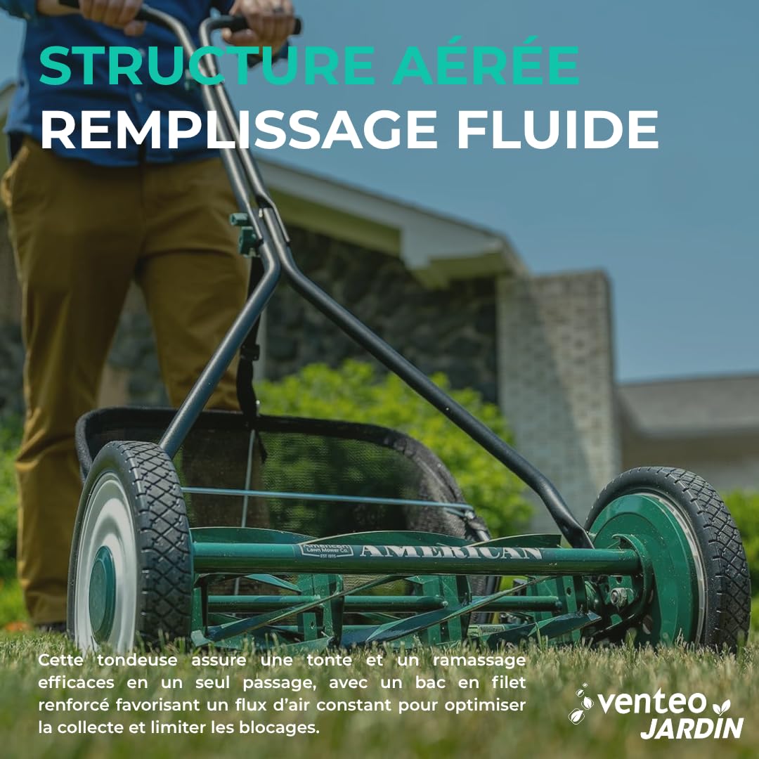 VENTEO Tondeuse Hélicoïdale Manuelle 7 Lames 40,6 cm Bac Ramassage Tondeuse Gazon sans Électricité