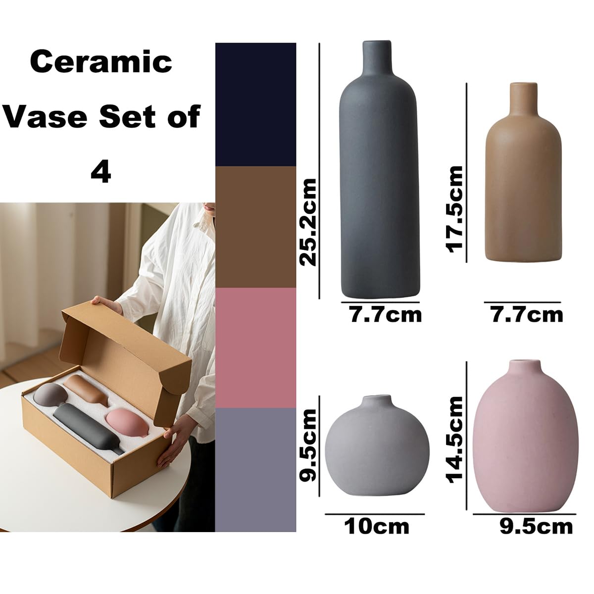Set di 4 vasi moderni, in ceramica, colori Morandi, decorazione minimalista da tavolo, stile nordico, neutro, boho scandinavo, set da 4 pezzi, colore nero