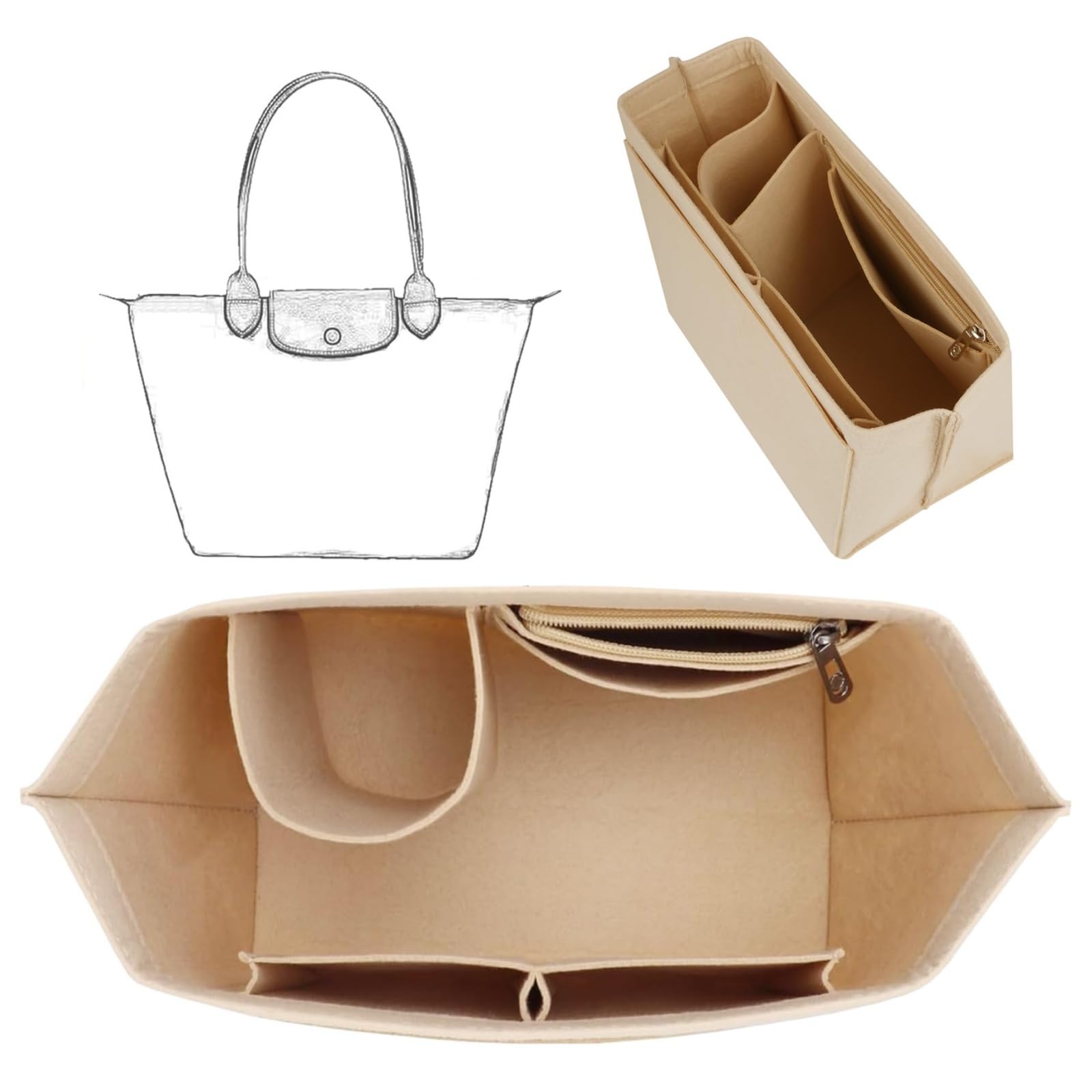 Produktbild von POHOVE Handtaschen Organizer, Filz Taschenorganizer Mit Mehrere Fächer, Innentasche Für Handtaschen Damen Schlüssel Kosmetikartikel(COLOR:Beige