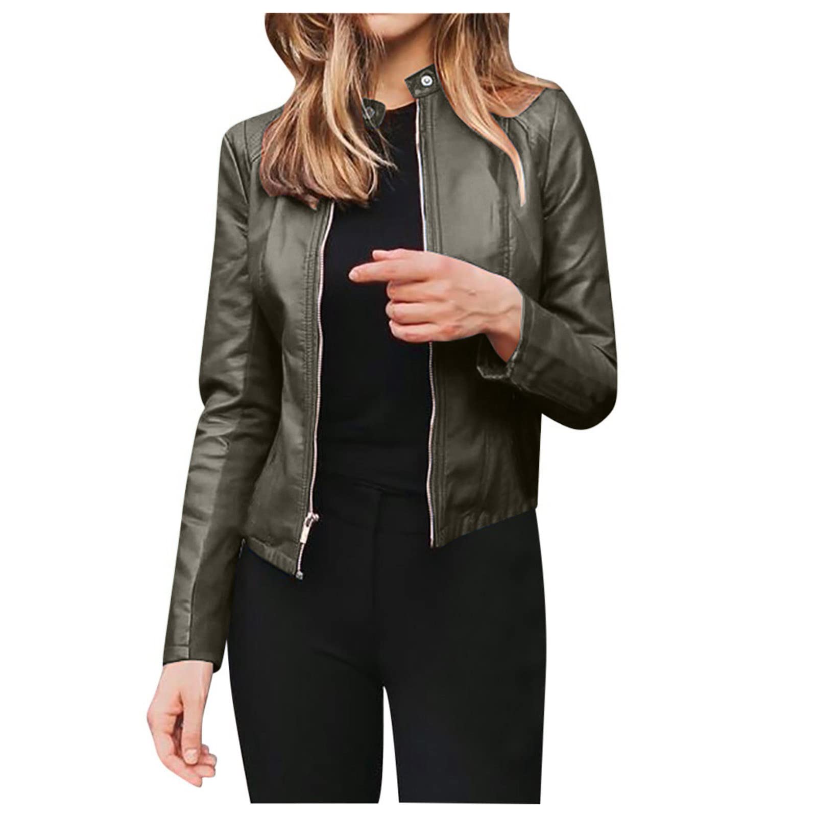 AMhomely Faux Leather Biker Jacket Faux PU Leather Jacket Motocycle Bomber Biker Ladies Fitted Urban Look Biker Jacket